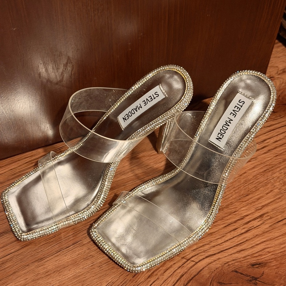 Steve Madden Clear and Silver Embellished Heels